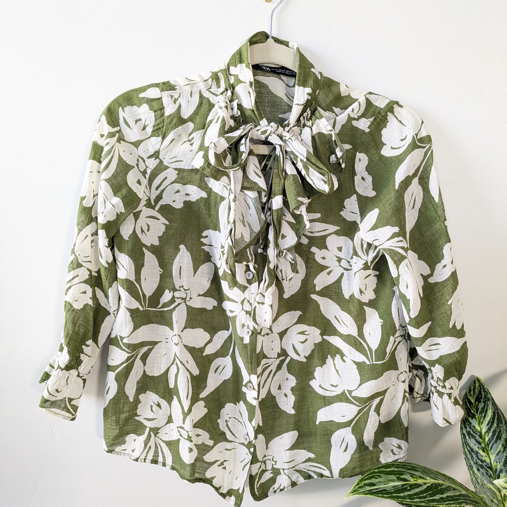 Zara Olive Green Floral Button Down Shirt